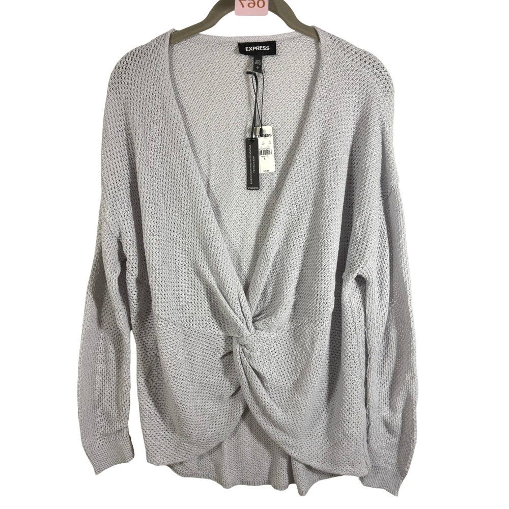 Express Womens Light Gray Open Knit Twist Front V-Neck Sweater Size Small NWT